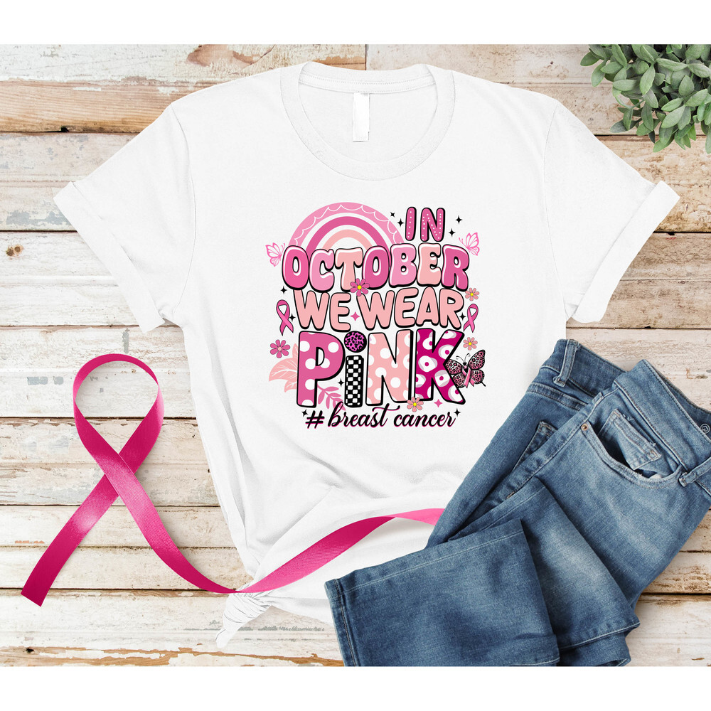 Rainbow In October We Wear Pink Breast Cancer Awareness T-Shirt
